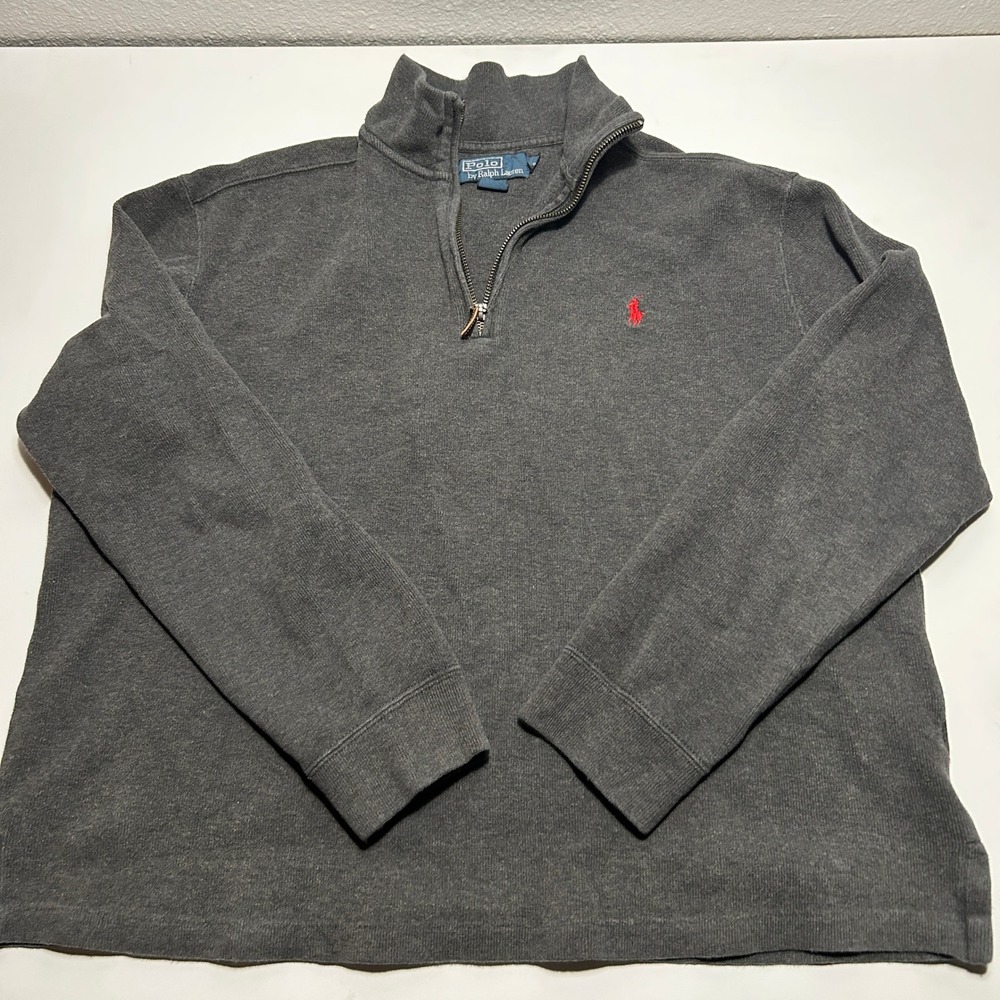 Polo Ralph Lauren Mens Large Charcoal Grey Ribbed Cotton Quarter Zip Pullover